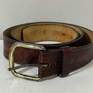 Made in USA Genuine Leather Western Ornate Cowboy Brown Leather Belt Gold Buckle